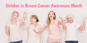Advanced Skin + Body Aesthetics Med spa, Botox, Facials and more! Four joyful women wearing pink t-shirts with pink ribbons, representing breast cancer awareness, are celebrating together against a brick backdrop with the text "October newsletter: Breast Cancer Awareness Month.