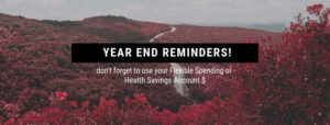 A scenic banner with the text "year end reminders! don't forget to use your flexible spending or health savings account $" overlaid on a vibrant landscape with red foliage and a winding road.