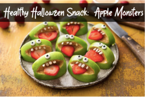 Apple slices shaped like monster mouths with strawberry tongues, marshmallow eyes, and humorous expressions, labeled as "healthy halloween snack: apple monsters.