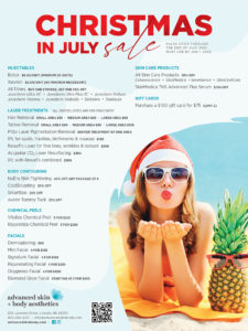 Image of a bright advertisement titled "christmas in july sale", featuring various spa service discounts with related imagery including beauty products, a pineapple, and a smiling woman holding an ice cream cone.