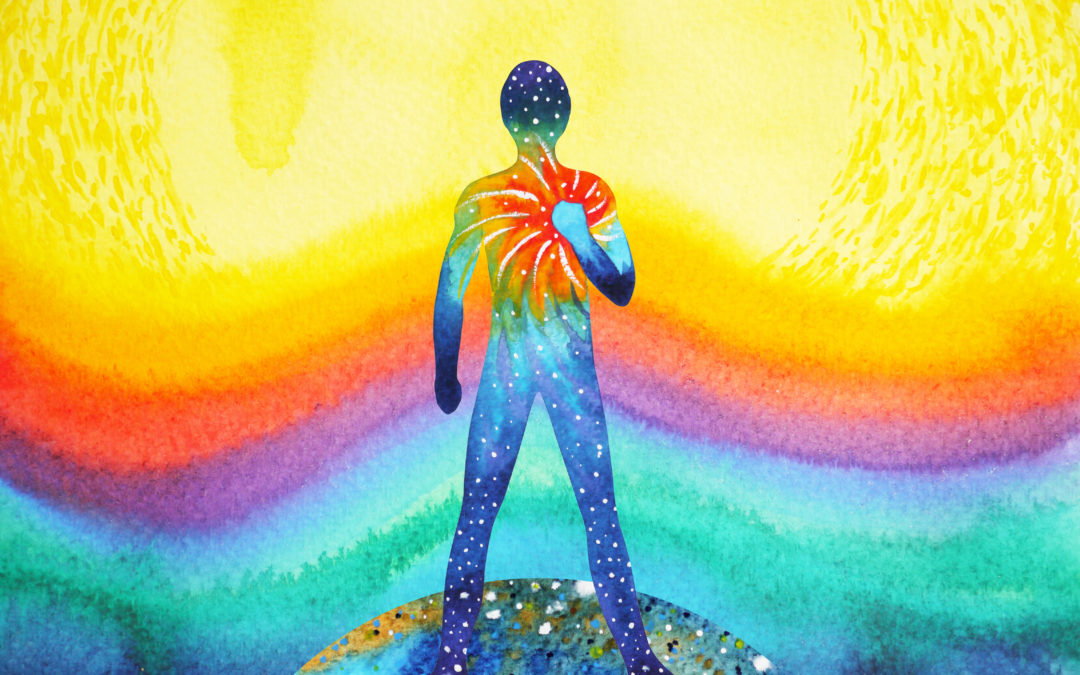 Watercolor painting of a human figure holding a radiant heart, standing on a globe against a vibrant rainbow background with a yellow sun.