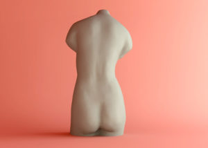 A minimalistic sculpture of a human torso with a featureless surface in a matte finish, presented against a soft peach background at Lincoln NE spa.