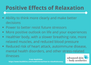 Infographic listing the positive effects of relaxation, including better decision-making, resistance to stress, positive outlook, healthier body, and reduced risk of diseases. background is mint green with a footer in dark blue.