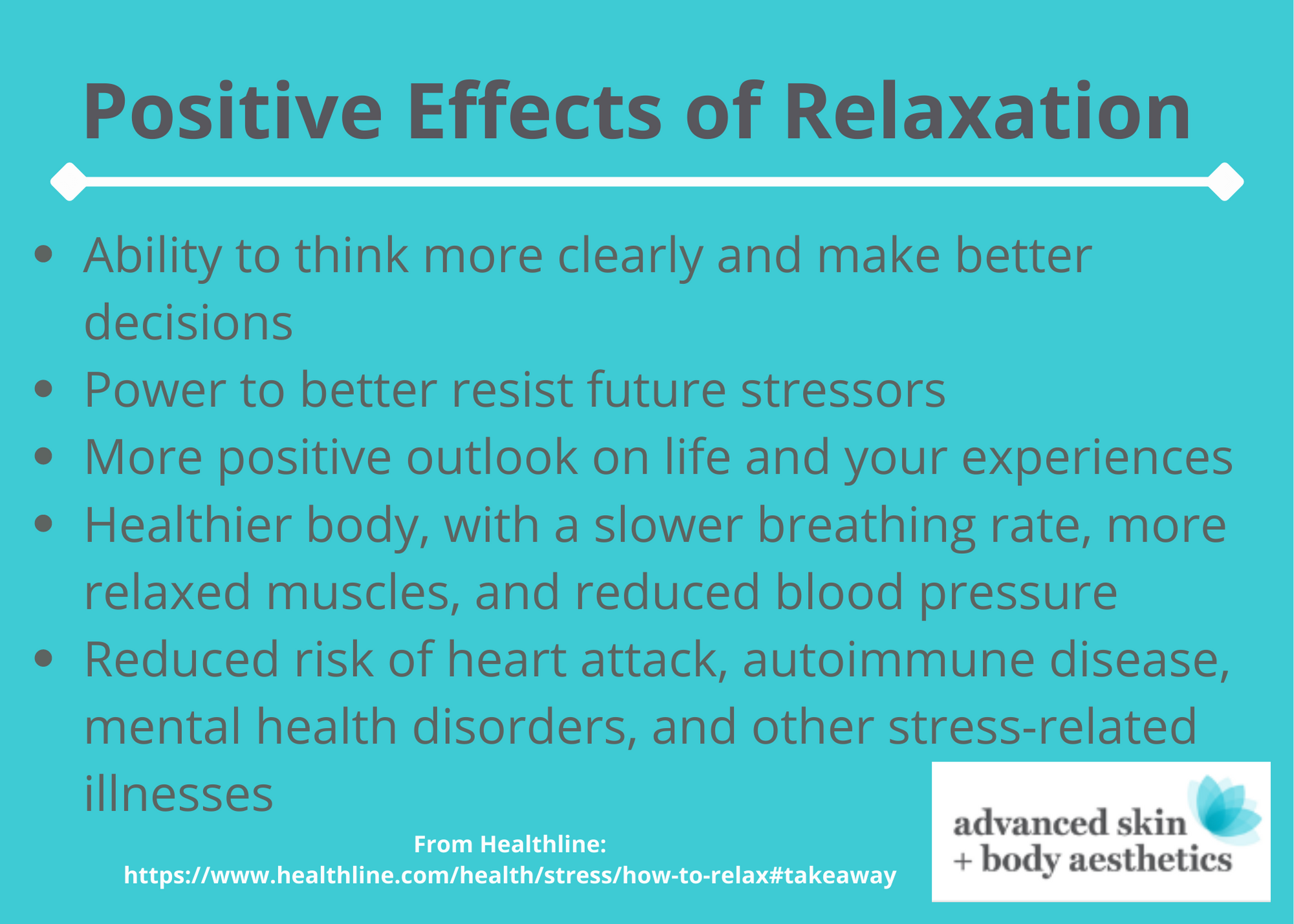 Infographic explaining the positive effects of relaxation by Lincoln-based Advanced Skin + Body Aesthetics Spa