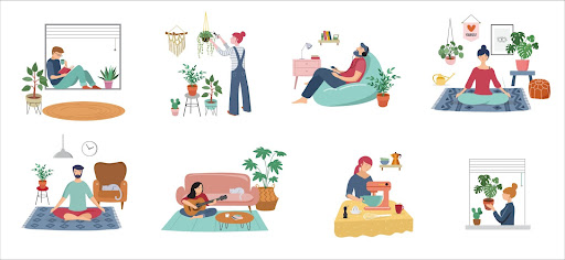 Animated graphic of various people relaxing in different ways (facials & reiki) from Lincoln-based Advanced Skin + Body Aesthetics