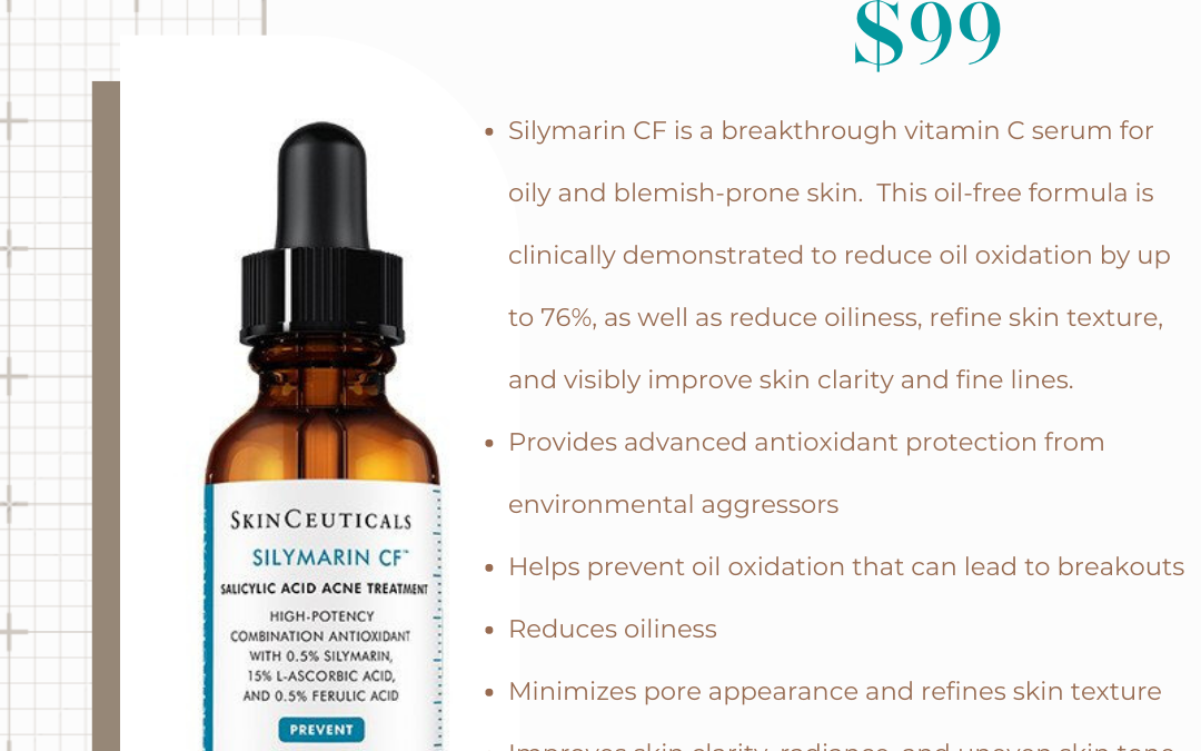 An image of a glass dropper bottle of skinceuticals silymarin cf serum, with product benefits listed alongside, against a white tile background, priced at $99 with an expiration date.