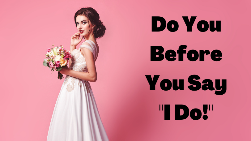 Bride poses in front of pink background with text.