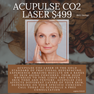 Promotional advertisement featuring a middle-aged woman, offering aculase co2 laser skin resurfacing treatment for $499, highlighting benefits for fine lines and uneven skin texture.