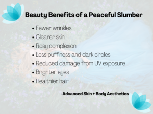 An elegant graphic titled "beauty benefits of a peaceful slumber," featuring benefits like fewer wrinkles and healthier hair, with a soft blue floral background, presented by Lincoln Spa.