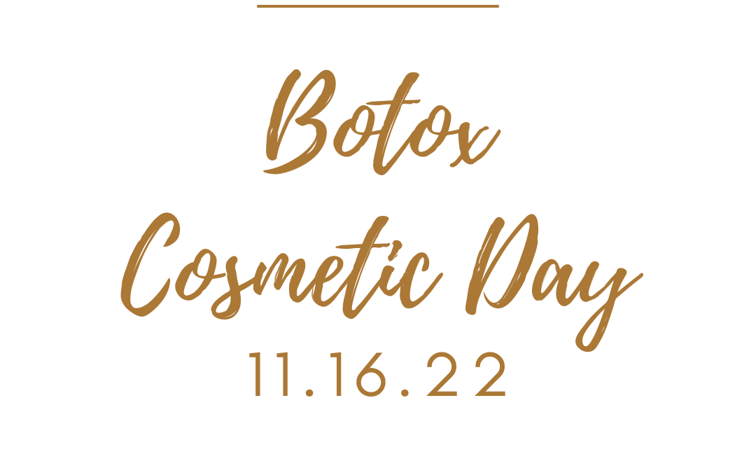 An elegant event flyer with the text "save the date - botox cosmetic day - 11.16.22" in golden typography on a plain white background.