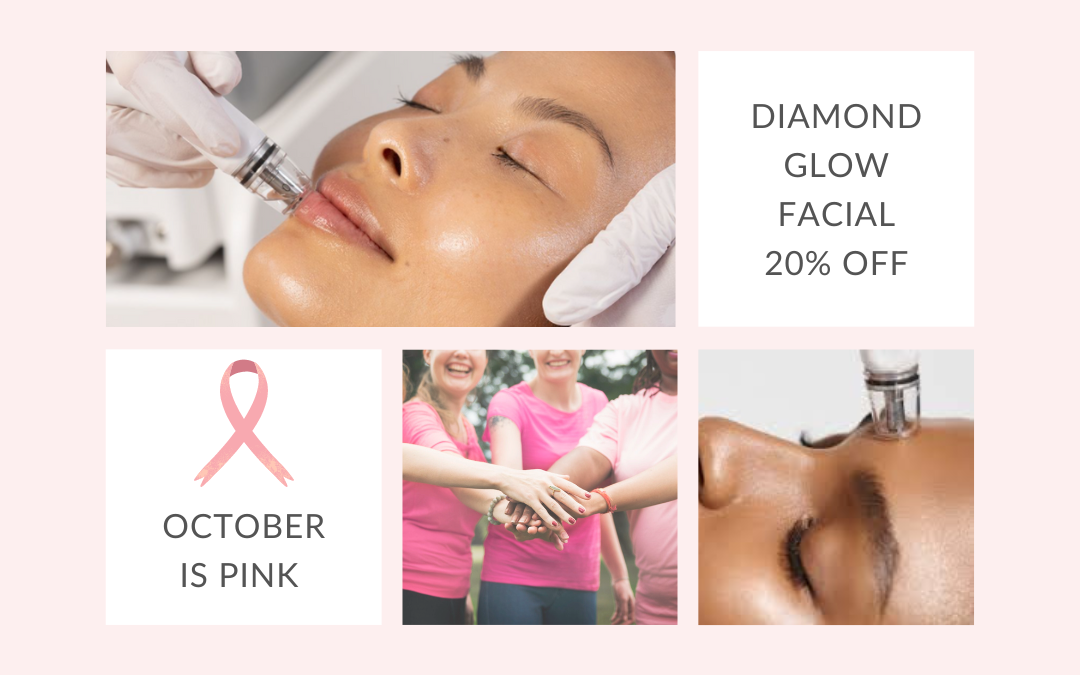 Promotional image for breast cancer awareness month featuring a woman receiving a facial treatment, a pink ribbon, a group of women smiling, and a close-up of a glowing facial skin. text offers a discount on diamond glow facial in october.