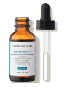 A 30 ml bottle of skinceuticals silymarin cf acne treatment serum with a black dropper, isolated on a white background. the label mentions key ingredients like salicylic acid, silymarin, and ferulic acid.