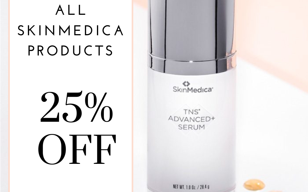 Promotional image featuring a skinmedica serum bottle with a 25% off discount on all skinmedica products. text includes an expiration date of 10.31.22.