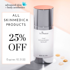 Promotional image featuring a skinmedica serum bottle with a 25% off discount on all skinmedica products. text includes an expiration date of 10.31.22.