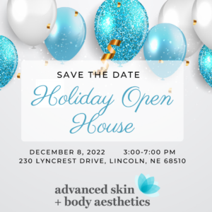 Invitation card for a holiday open house event featuring sparkly blue and white balloons, event details in elegant typography, and the logo for advanced skin + body aesthetics.