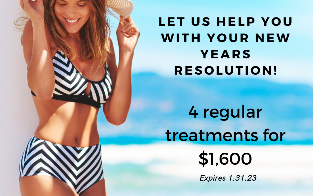 A joyful woman in a striped bikini and wide-brimmed hat leans against a sunlit wall, promoting a coolsculpting offer with text detailing a promotional deal for treatments.