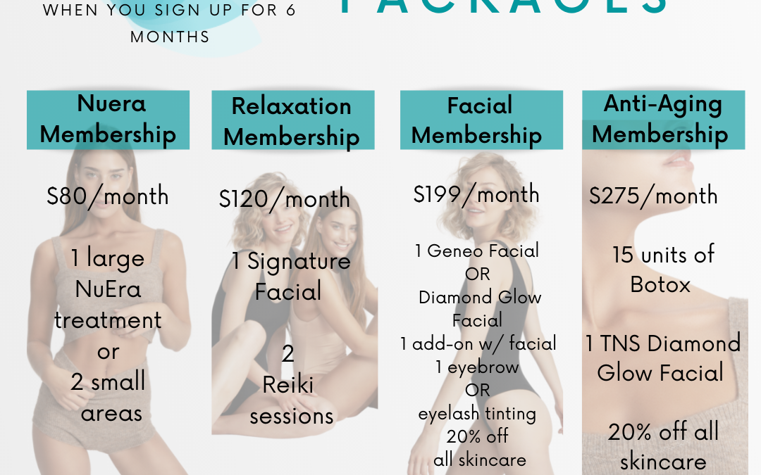 Promotional flyer for a spa offering various membership packages such as nurture, relaxation, facial, and anti-aging. includes pricing, treatment details, and discounts with a modern, clean design.