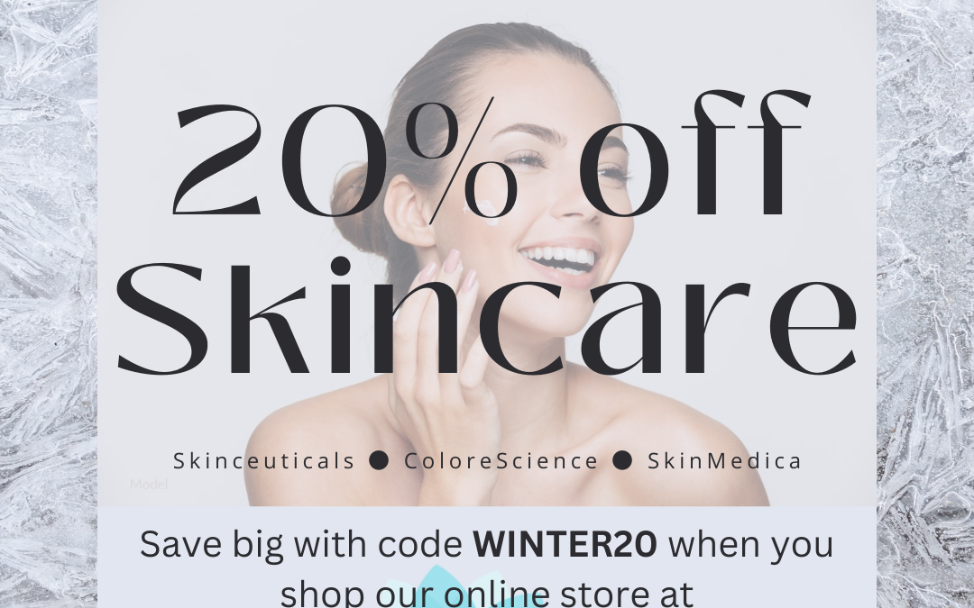 An online skincare sale advertisement featuring a woman touching her cheek, with text "20% off skincare" and logos of skinceuticals, colorescience, and skinmedica, set against an icy background.