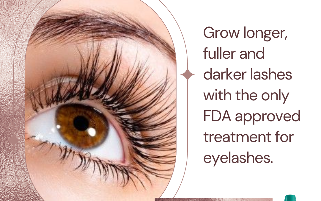 Advertisement for latisse eyelash treatment featuring a close-up of an eye with long, full lashes, product image, price information, and an fda approval claim.