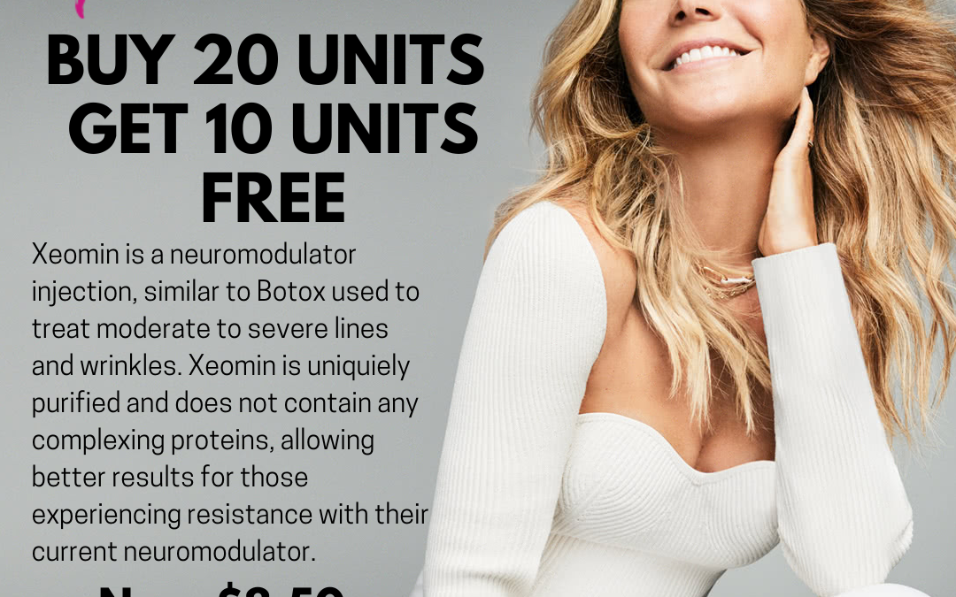 Advertisement for xeomin, featuring a smiling woman with blonde hair looking upwards. text offers a promotional deal on xeomin units for skin treatment, with price information and terms.