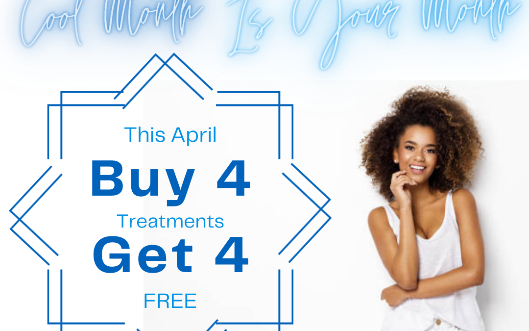 Promotional flyer for coolsculpting, featuring an offer "buy 4 get 4 free" for treatments. a joyful woman is pictured sitting and smiling. the design includes a blue geometric border with text emphasizing april as "cool month.