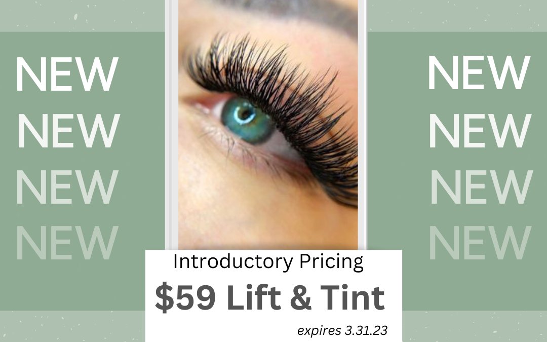 Promotional graphic for lash lifts featuring a close-up of an eye with dramatically lifted and tinted eyelashes. text announces new service pricing and expiry date.