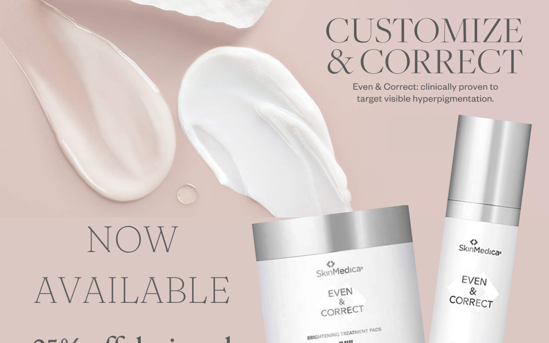 Promotional image for skinmedica products, featuring a 25% april discount on body aesthetics. includes skincare creams, swatches of product textures, and detailed packaging views on a soft pink background.