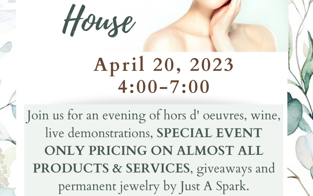 Promotional poster for a spring open house event on april 20, 2023, featuring a woman with clear skin, event details, discounts on services, and free gift offers. contact information and social media icons included.