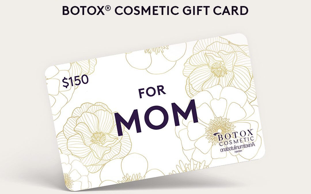Promotional graphic featuring a "$50 off a $150 botox® cosmetic gift card for mom" with an elegant floral background. available one day only on may 10. terms and conditions apply.