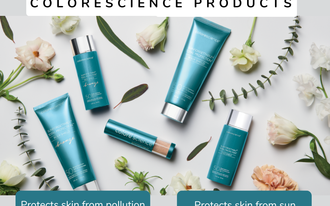 Promotional image for a 25% off spf sale featuring colorescience skin care products. the layout includes bottles and tubes surrounded by white flowers on a light background.