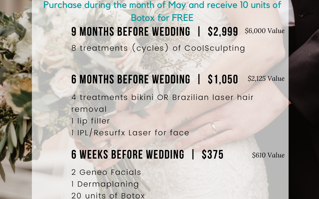 Promotional image showing a close-up of a couple holding hands at a wedding, with text overlay describing various wedding beauty packages, including treatments and prices.