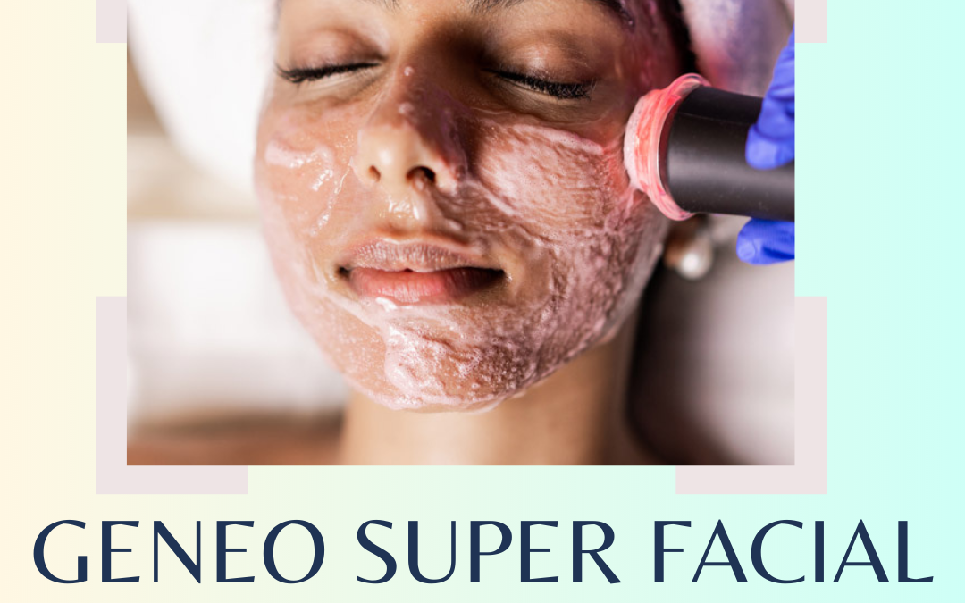 A woman receiving a facial treatment with a special device on her cheek, overlaid with text about a "geneo super facial" promotional offer priced at $110, and benefits listed below.