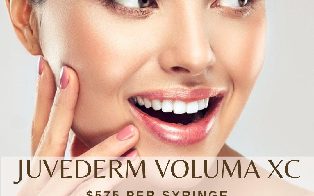 Advertisement for juvederm voluma xc at $575 per syringe, highlighting its use for reducing aging signs like fine lines and sagging skin, featuring a close-up of a smiling woman touching her cheek. valid until 7.31.23 with $225 savings.