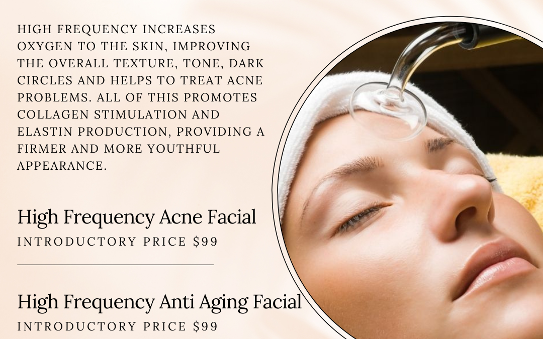 Promotional image for high frequency wand facials, featuring prices and benefits such as skin improvement and collagen stimulation. includes a serene image of a woman's face with a glowing complexion.