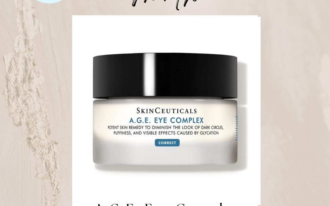 Promotional image featuring skinceuticals a.g.e. eye complex cream jar on a textured background with text highlighting it as "product of the month" and listing the price and savings, expiring 7.31.23.