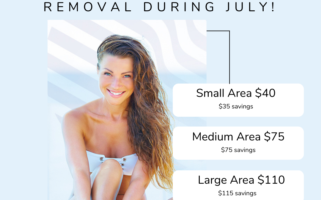 Advertisement for a july discount on laser hair removal, featuring a smiling woman with a price list showing savings for different service areas.