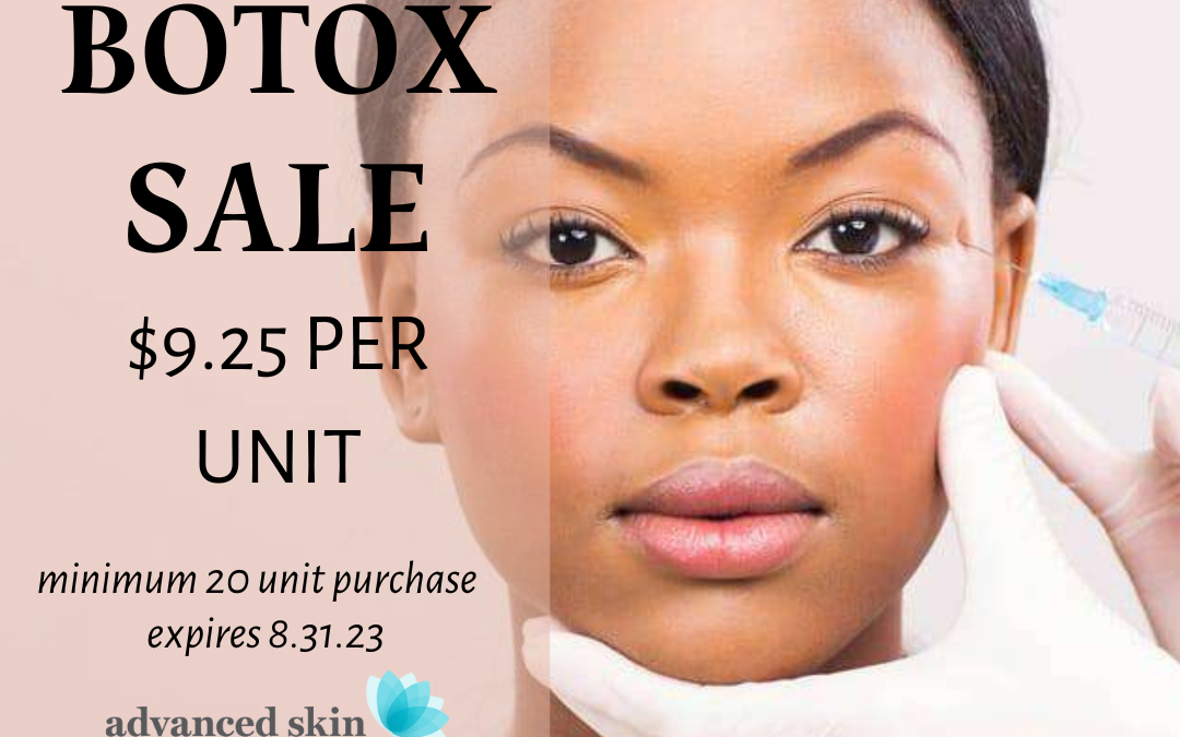 Promotional image for a botox sale featuring a black woman receiving a botox injection, priced at $9.25 per unit with terms stating a minimum 20 unit purchase; offer expires 8.31.23.