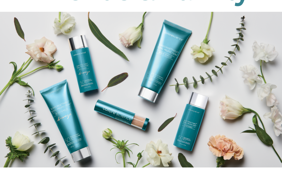 Promotional image for colorescience friends & family event featuring various skincare products on a white background with floral decorations, offering a 25% discount from august 7th-17th.