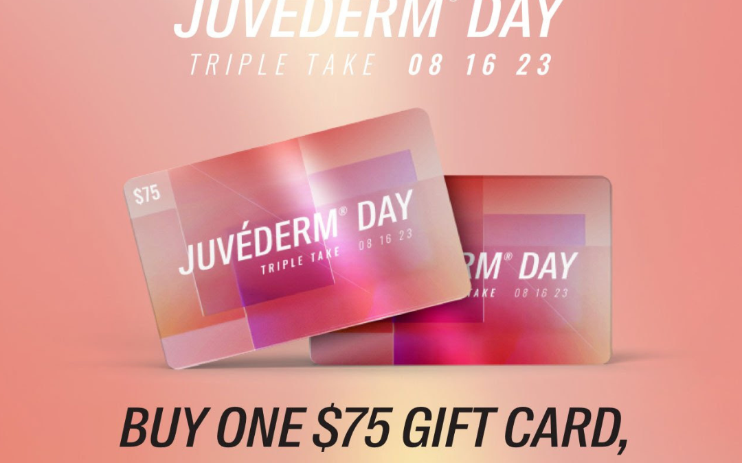 Promotional image for the first-ever juvéderm day featuring two $75 gift cards on a pink gradient background. text announces the event date and exclusive access for allē members.