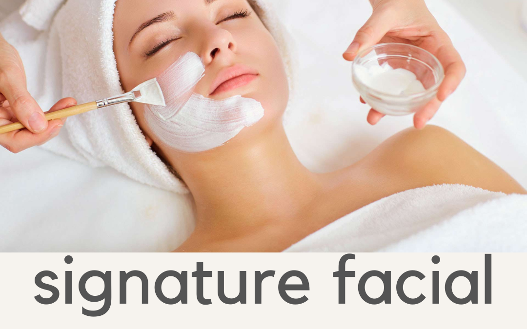 A promotional ad for a signature facial treatment priced at $75, showing a person receiving a facial mask application in a spa setting. the offer includes additional skincare services and expires on august 31, 2023.