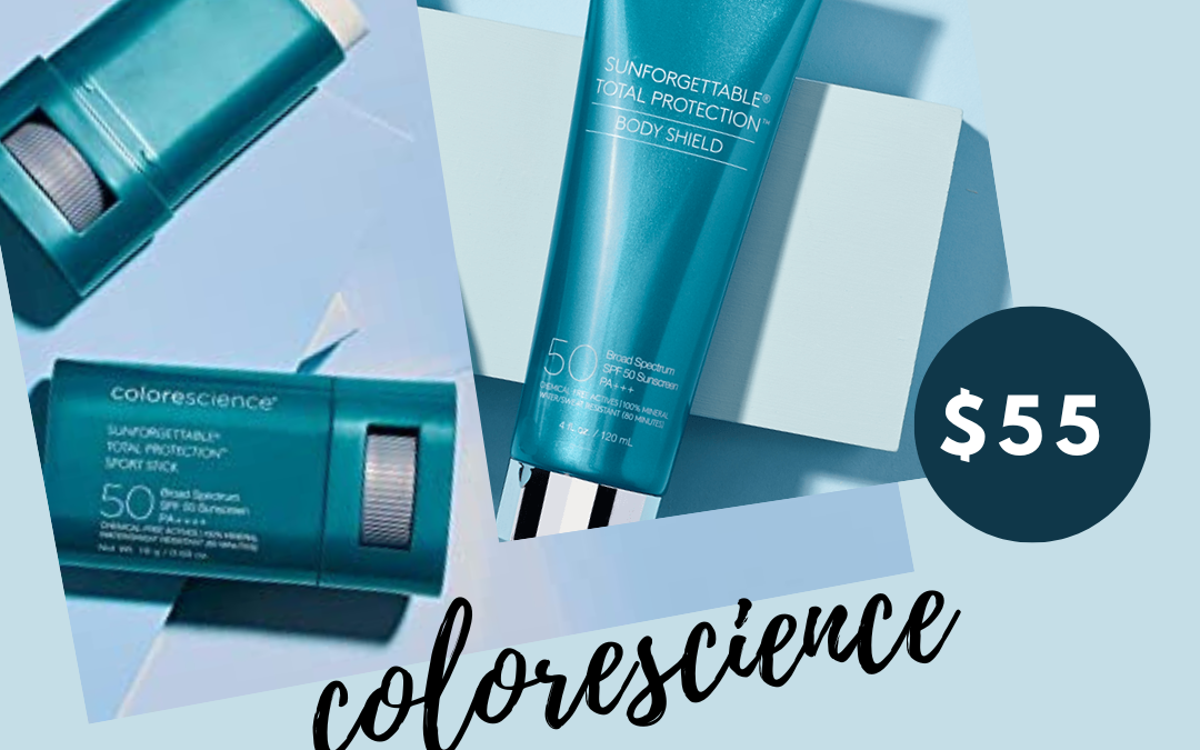 Promotional image for colorescience sport stick & body shield duo, featuring sunscreen tubes against a blue background with a price tag of $55. offer expires 8.31.23.