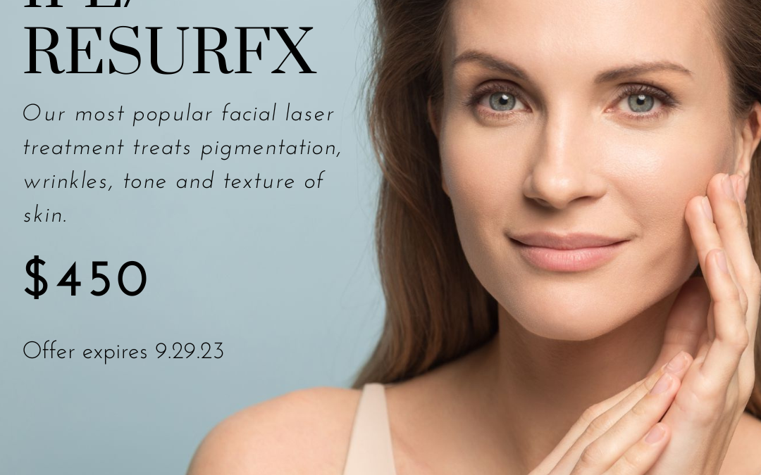 An advertisement featuring a woman with clear skin touching her face gently, promoting the lumenis m22 resurfx laser treatment for facial imperfections, priced at $450. offer expires 9/29/23.