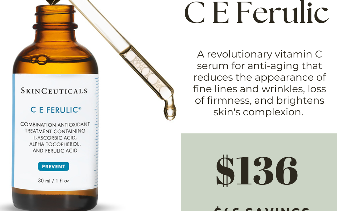 An image of a skinceuticals c e ferulic serum bottle with a dropper, highlighting the product features and price. text describes it as an anti-aging serum for $136, reduced from $229.23.