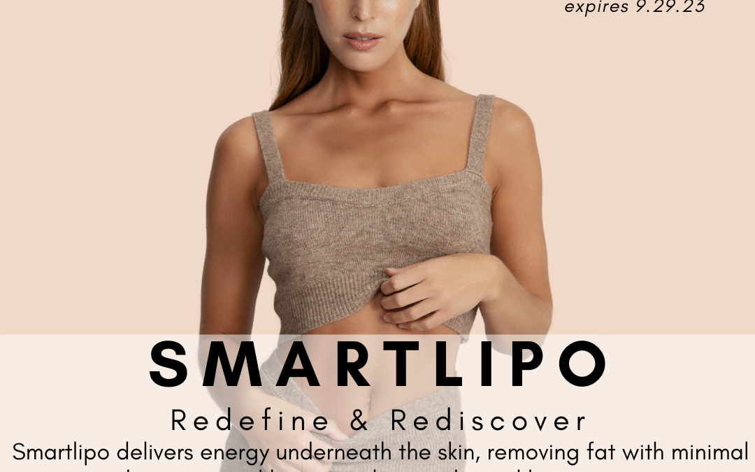 A promotional image featuring a young woman in a sleeveless top, with text advertising a cosmetic procedure called smartlipo, priced at $3,700 with details on benefits and a logo for advanced skin + body aesthetics.