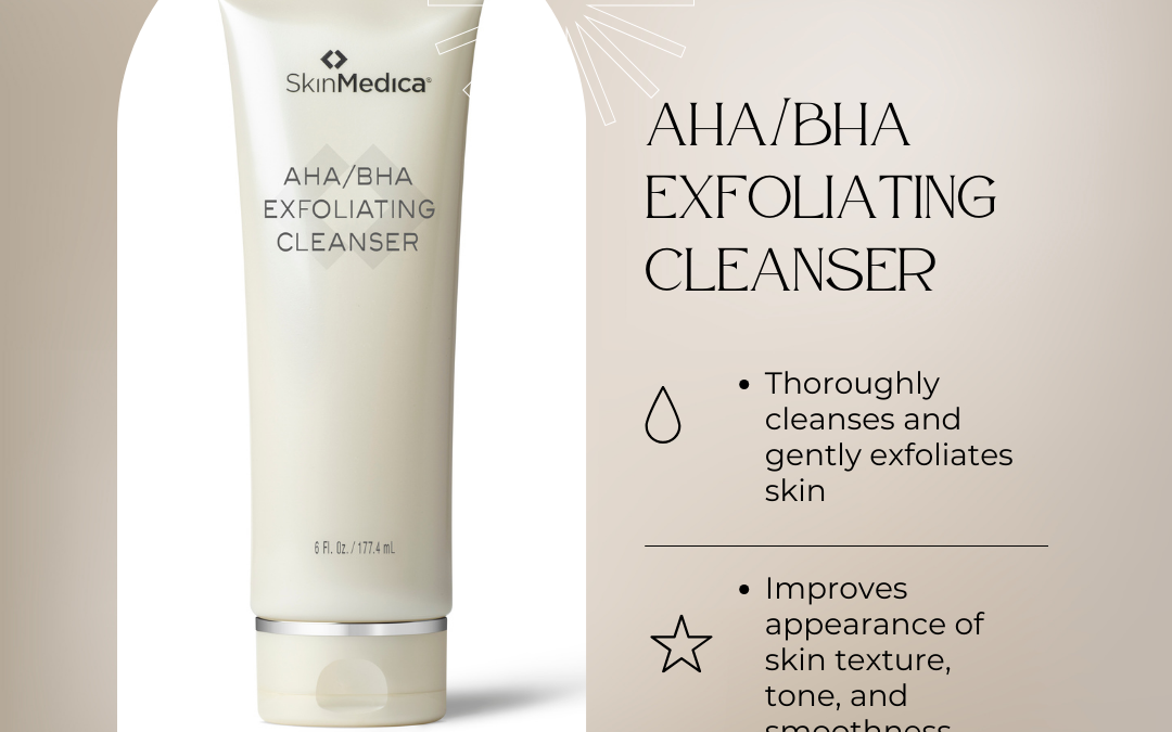 A promotional image features a tube of skinmedica aha/bha exfoliating cleanser. text highlights include "product of the month," with benefits like improved skin texture and tone, and a 25% discount offer for october.
