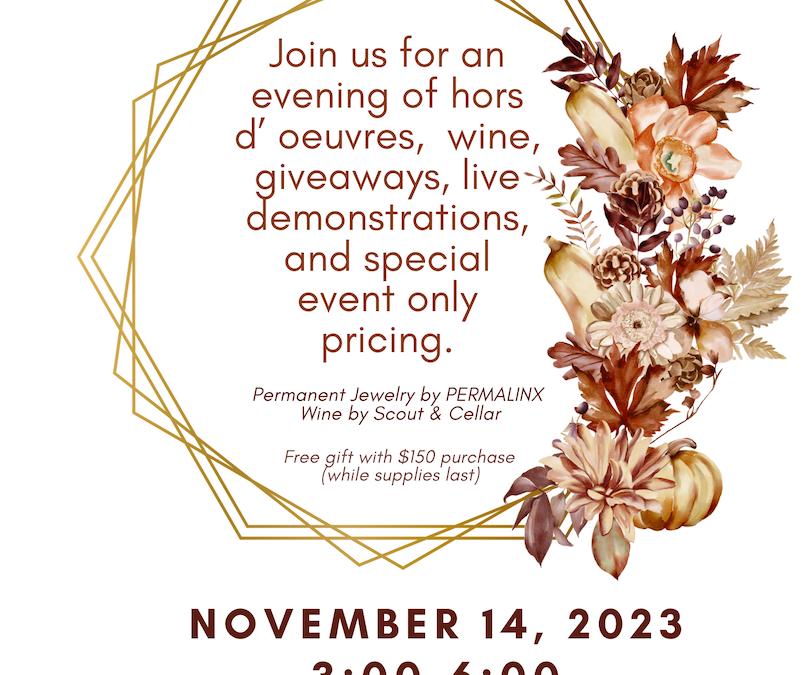 An elegant promotional flyer for a "fall open house" event on November 14, 2023, featuring fall-themed floral designs and advanced skin and body treatments such as botox, laser tattoo removal