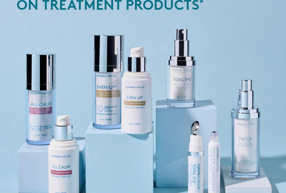 A promotional image featuring various skincare products arranged on blue blocks with the text "double points on treatment products" above them, set against a light blue background.