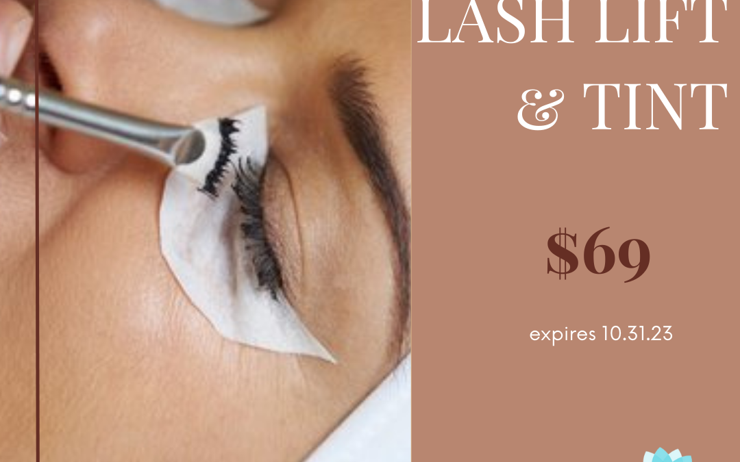 Close-up of a woman's eye with a lash lift procedure in progress, featuring eyelashes being separated with a tool. an ad overlay shows a promotion for "lash lift & tint" for $69, expiring on 10.31.23.