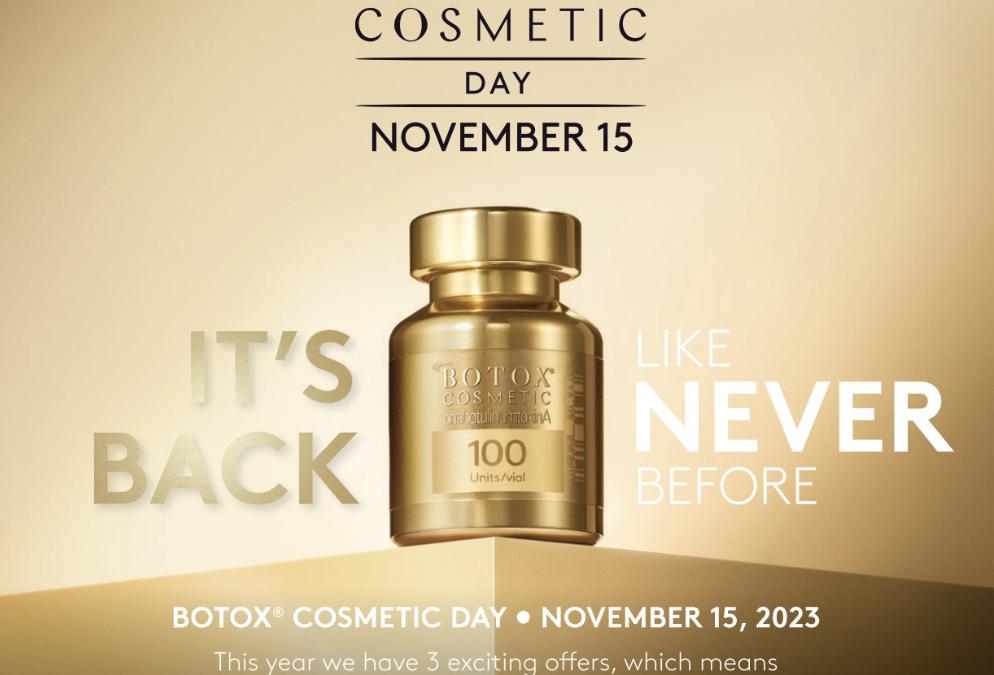 Promotional image for "botox cosmetic day" on November 15, 2023, featuring a gold bottle of Botox 100 units vial with text "it's back like