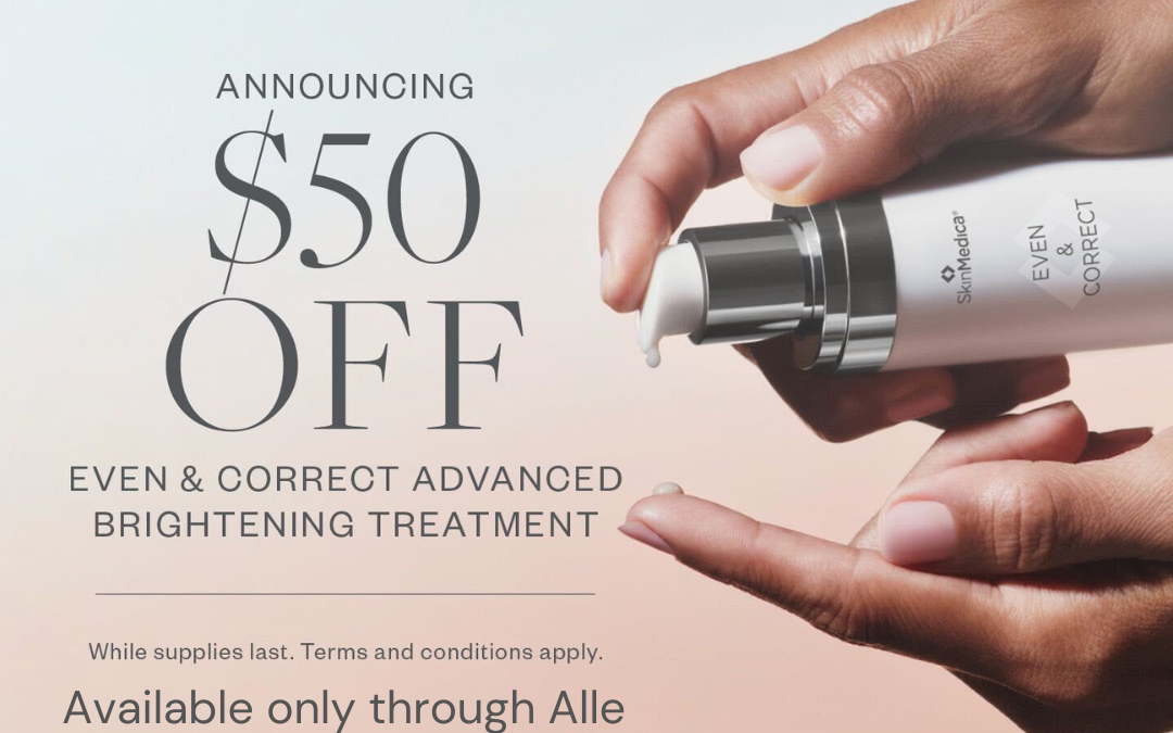A promotional image highlighting a $50 discount on a skin brightening treatment. A hand holds a product bottle against a soft peach background, with the logo of Advanced Skin + Body Aesthetics visible.